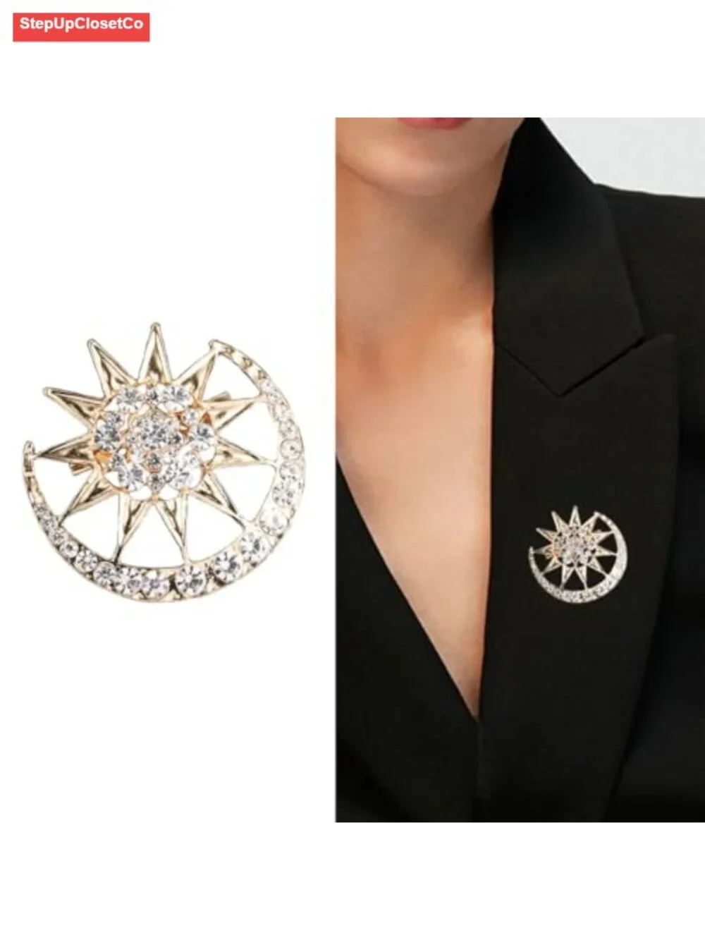 Crystal Sun Crescent Moon Brooch Pin Shiny Lapel Badge for Bag Hat Jacket